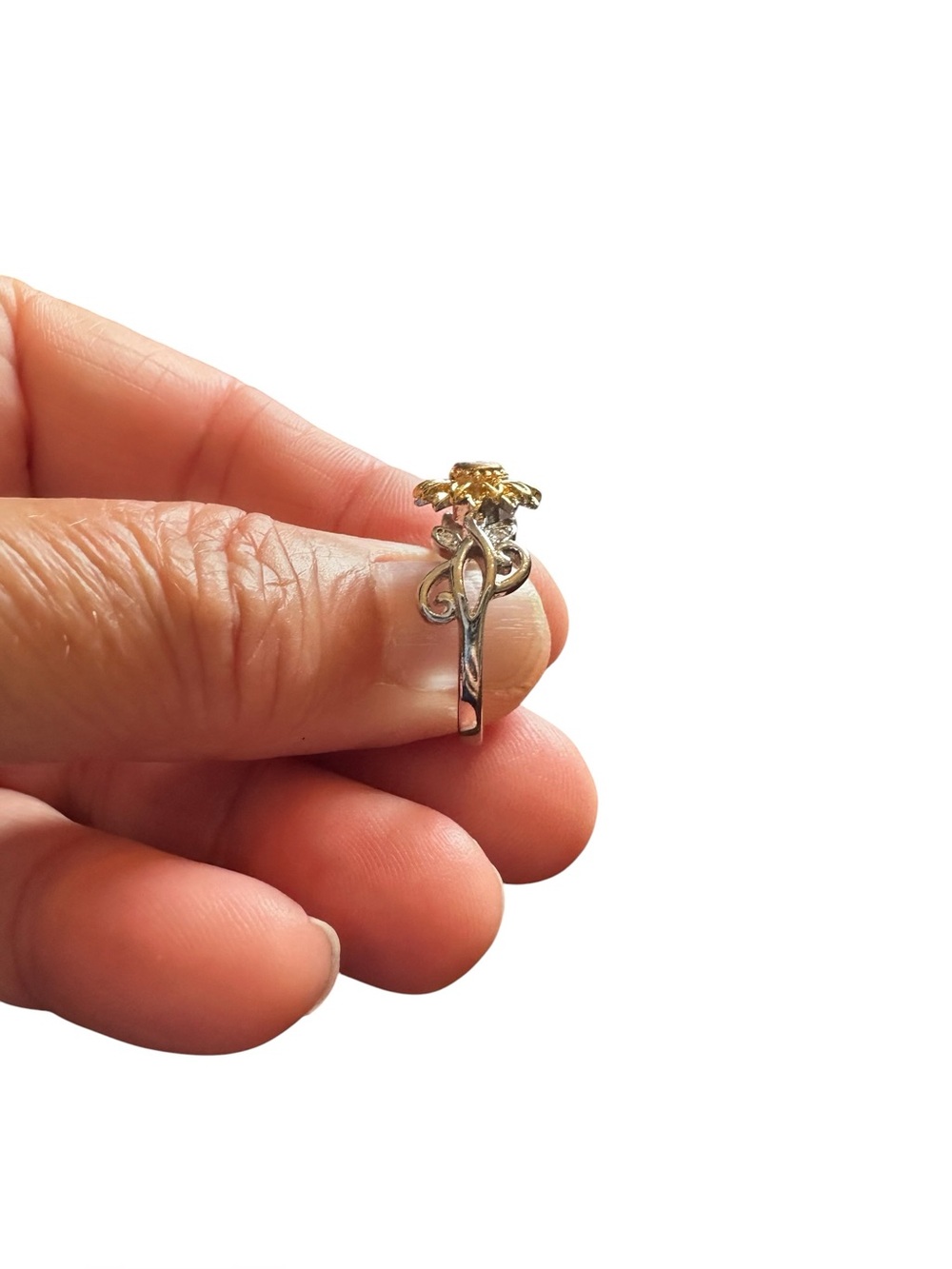 Mixed Metal Silver and Gold Flower Ring - Picture 5 of 7